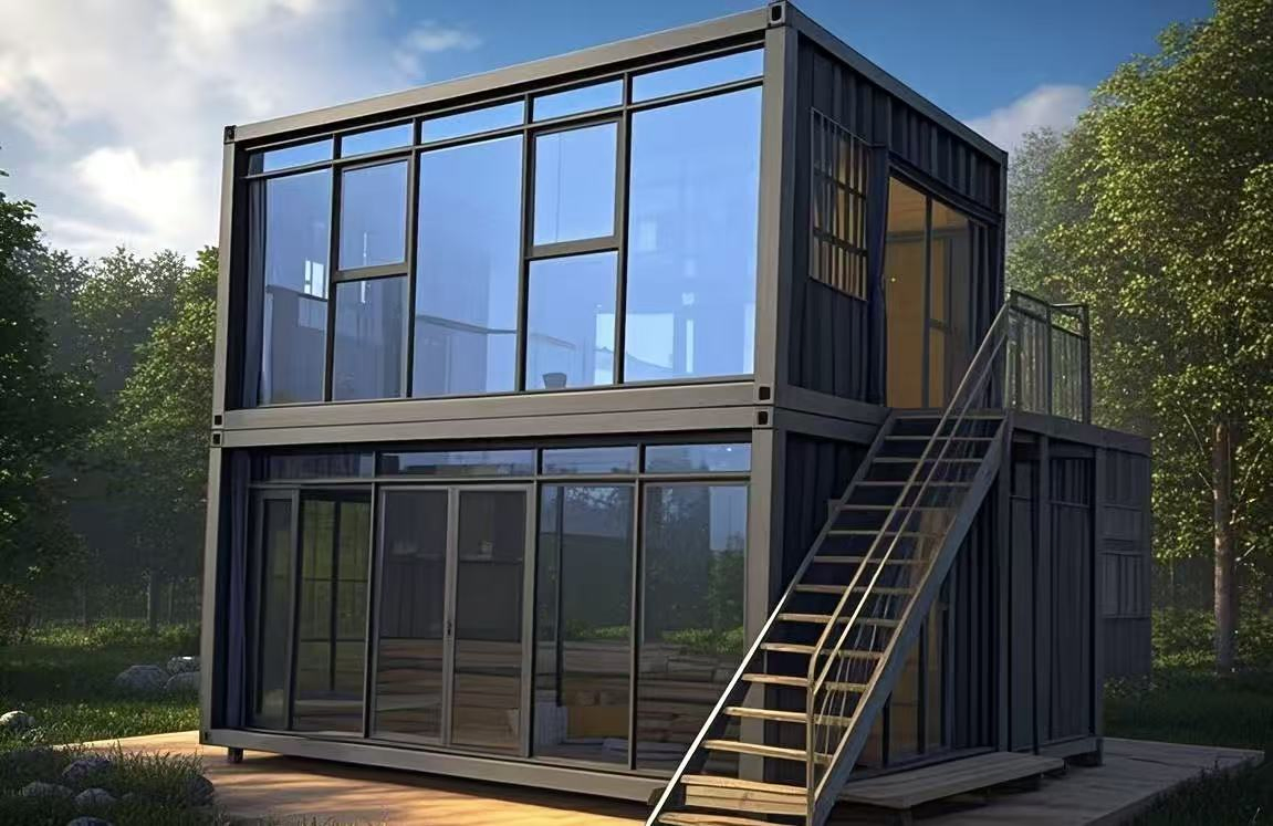 Quick Assembly Shop Use Prefabricated Glass Wall Mobile Office 2 Story Prefab Container House with Leisure Sunroom