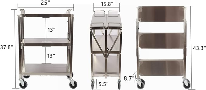 Collapsible Serving Cart with Wheels, 300lbs Commercial Kitchen