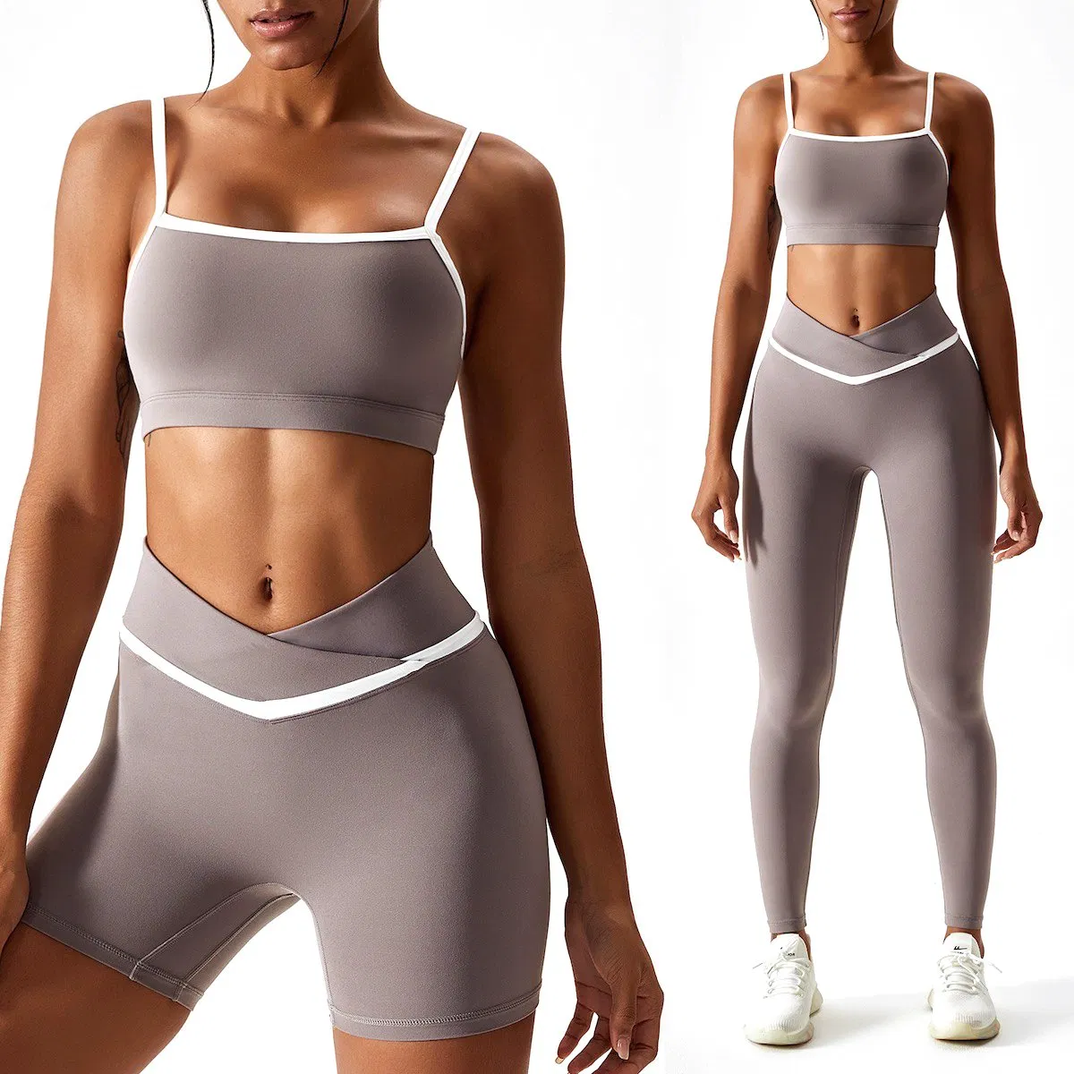 Ladies New Fancy Patchwork Style Compression Workout Gym Wear for Women, Custom Logo Splicy Ropa De Yoga Bra + Tights Shorts + Butt Lifting Leggings Workout Set