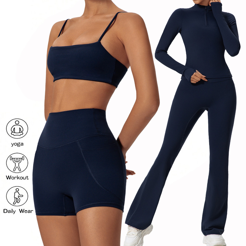 Tianchen Custom Logo Custom 4PCS High Quality Breathable Workout Set Gym Wear for Women, Sports Bra + Fitness Pullover + Running Shorts + Flare Yoga Pants