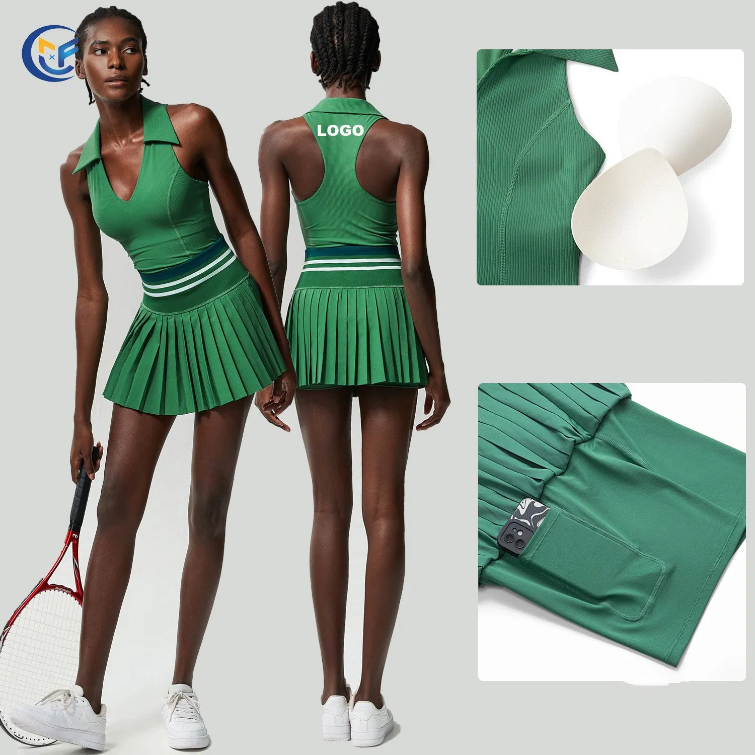 Low MOQ Tennis Skirt V-Neck Soprts Bra with Removable Pad 2PCS Yoga Set for Women Running Active Sports Fitness Clothes Wear