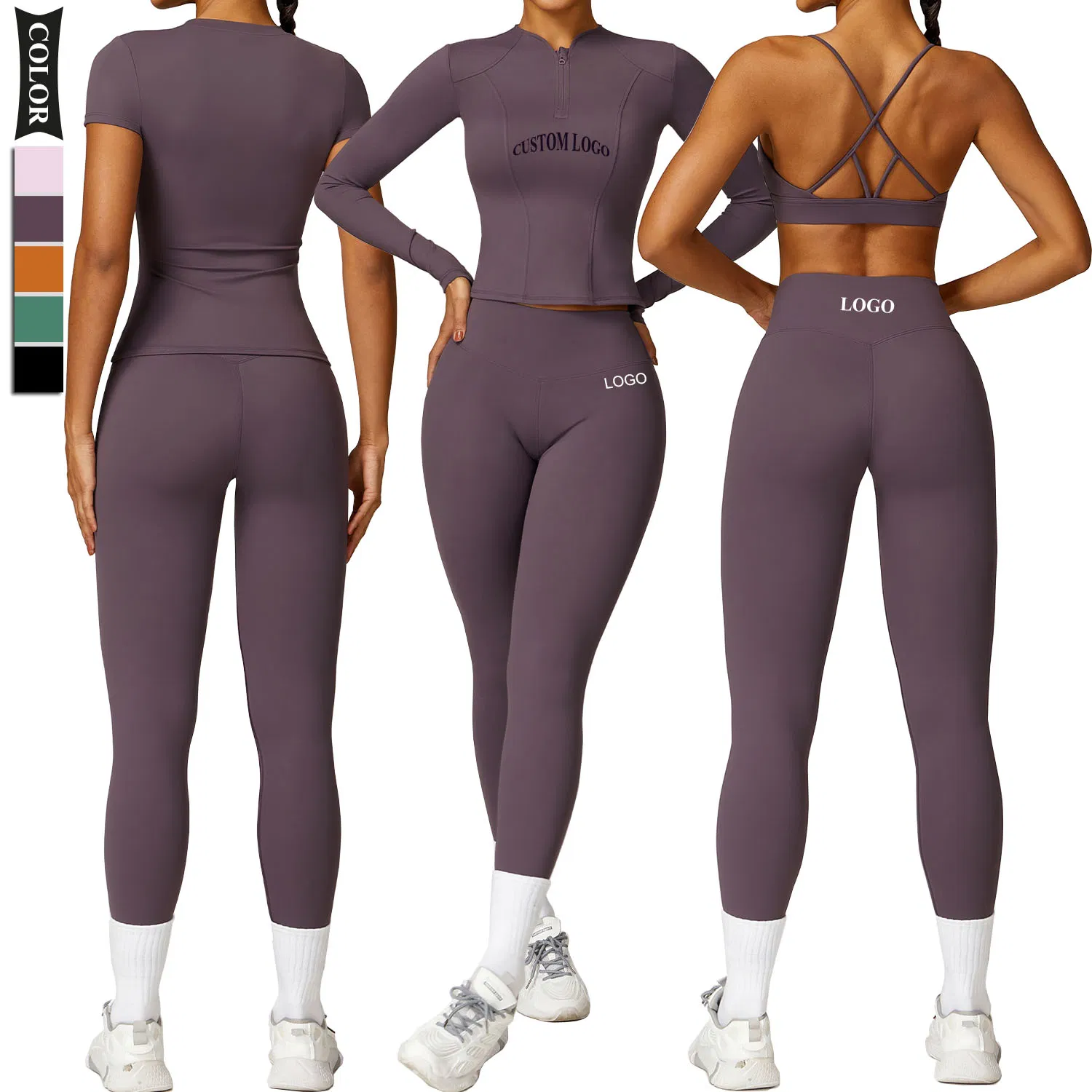 Women 2PCS Outfits High-Waist Leggings Yoga T-Shirts Athletic Jacket Sports Gym Wear