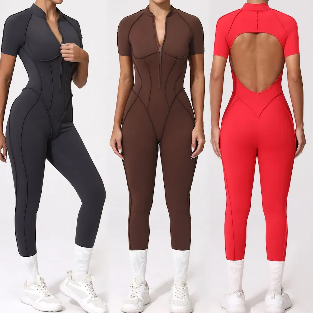 New Listing Attractive Sexy Backless Pole Dance Fitness Leotard, One Piece Zipup Front Workout Outfits Short Sleeve Athletic Bodysuit with Bra for Youth Ladies
