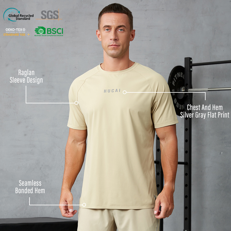 OEM Hucai Custom Nylon Soft Bonded Hem Regular Dry Fit T Shirt Training Workout Running Fitness Athletic Active Gym Wear Men