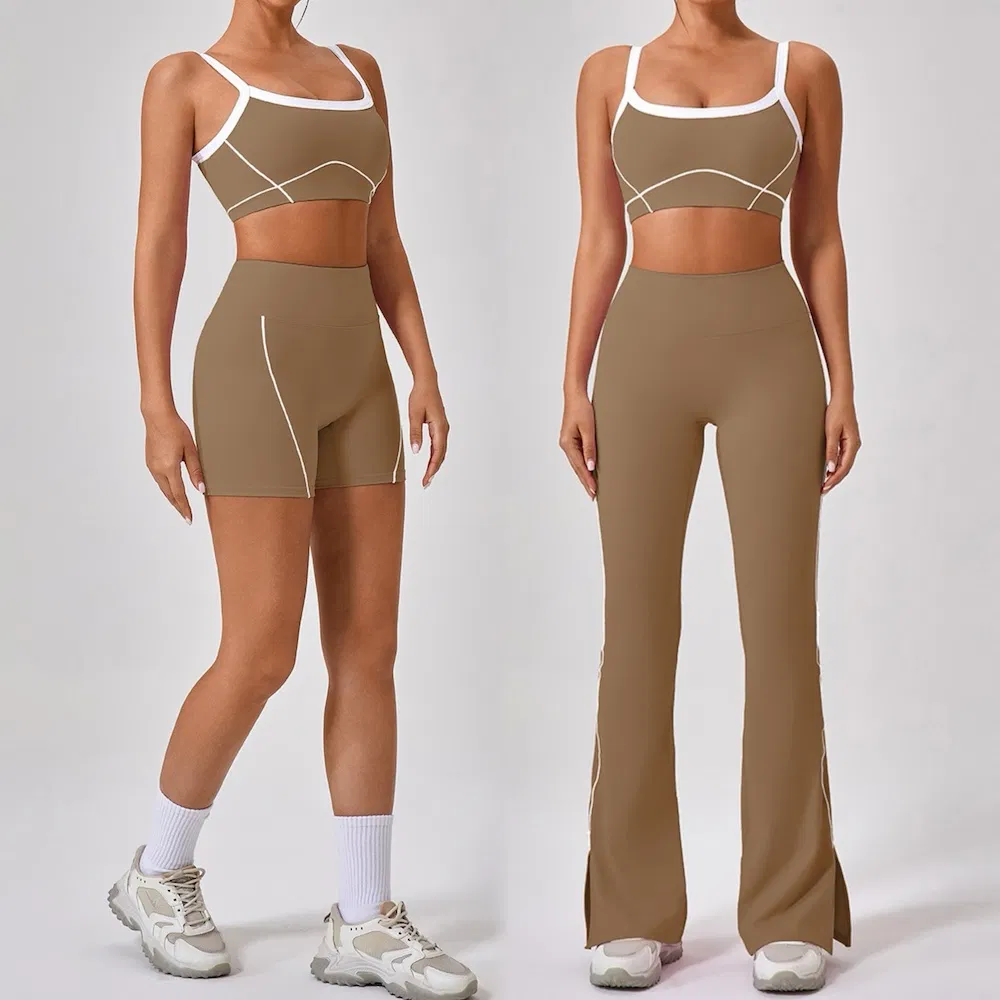 Wholesale New Cute 3PCS Patchwork Summer Workout Set Premium Activewear for Woman, Private Label Sports Bra + Gym Shorts + Flared Yoga Pants