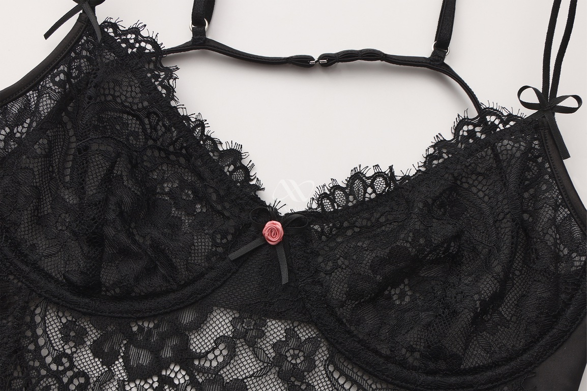 Black Underwired Lace Bodysuit with Sheer Mesh