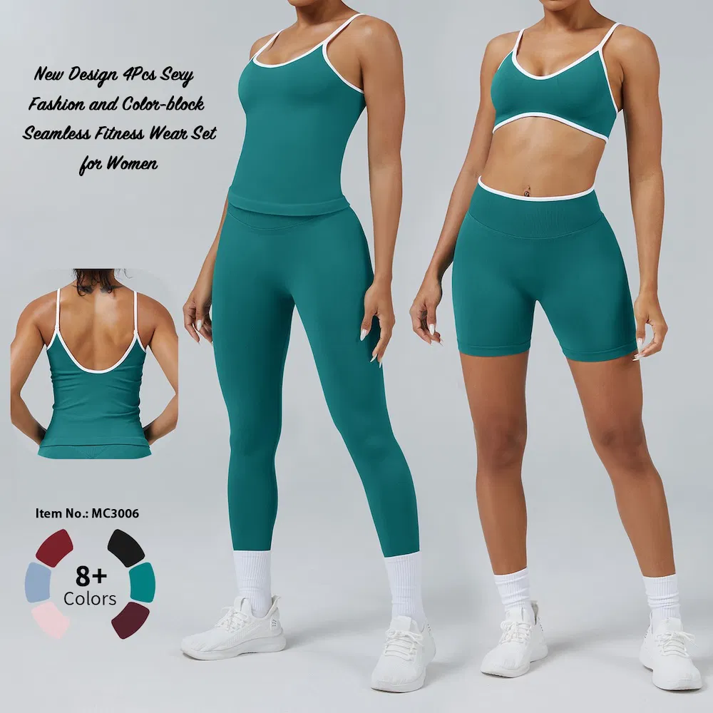 Bespoke Logo 4PCS Color-Block Cute Workout Sets Seamless Yoga Outfits Factory, High Quality Gym Wear Workout Sets for Women Bra Vest Shorts Matching Workout Set