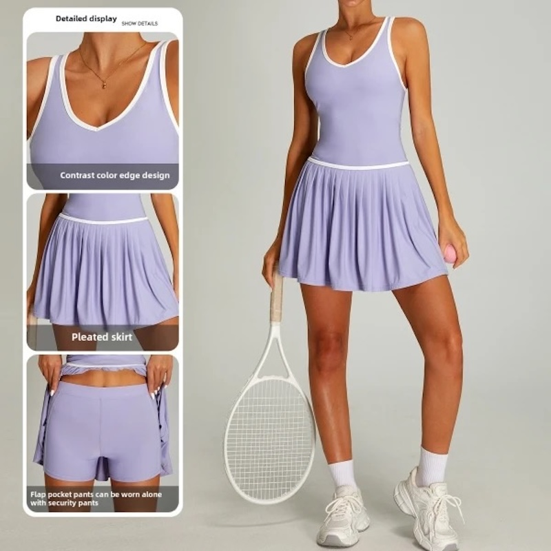 New Chic &amp; Functional Summer Pickleball Sports Outfits Athletic Dresses with Bra, Stylish V Neck Running Golf Dress with Splited Shorts and Pleated Hem