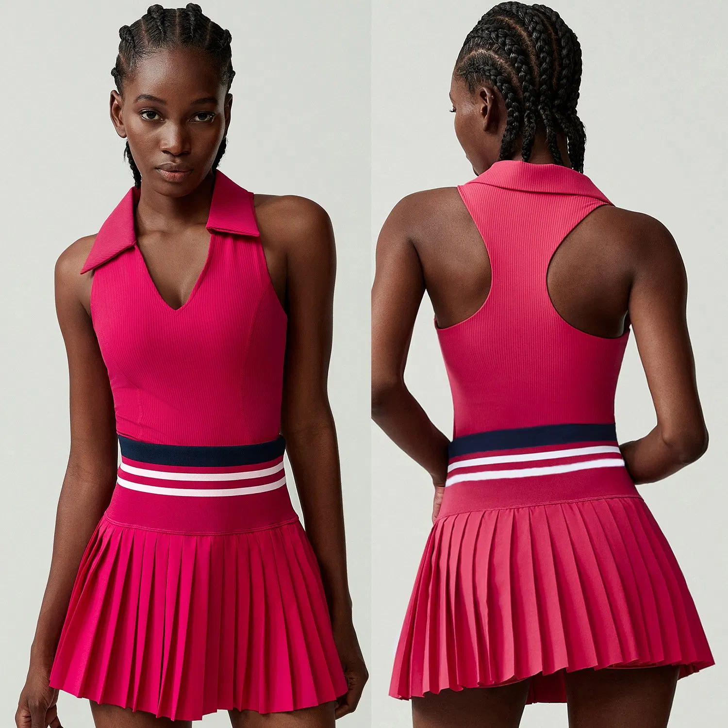 Low MOQ Tennis Skirt V-Neck Soprts Bra with Removable Pad 2PCS Yoga Set for Women Running Active Sports Fitness Clothes Wear