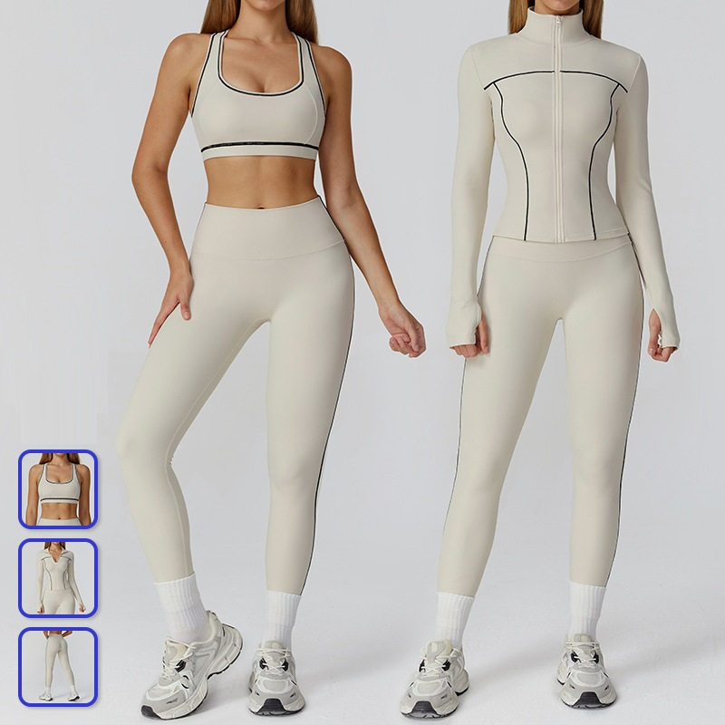 Women's Brushed Color-Block Zip-up Slim Fit Yoga Set – 2-Piece Activewear Outfit with Hollow Back Top &amp; Leggings, Quick-Dry Sports Wear for Running &amp; Gym