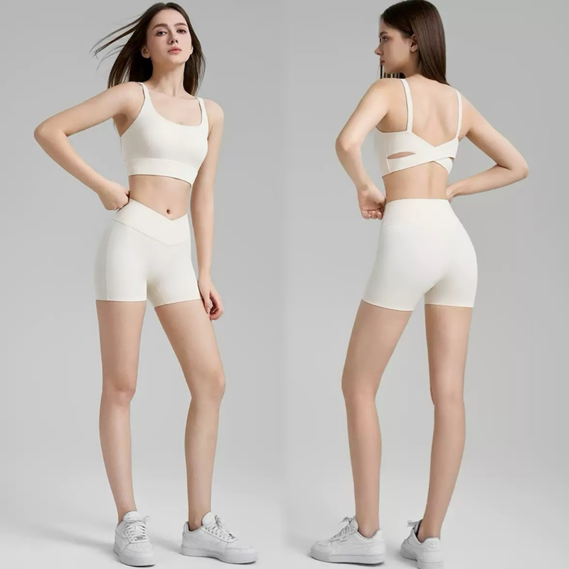 Tianchen Factory Price Wholesale 2 PCS Fitness Activewear for Ladies, Cross Back Sports Bra with Molded Cups + Cross Waisted Gym Shorts Yoga Clothing Set