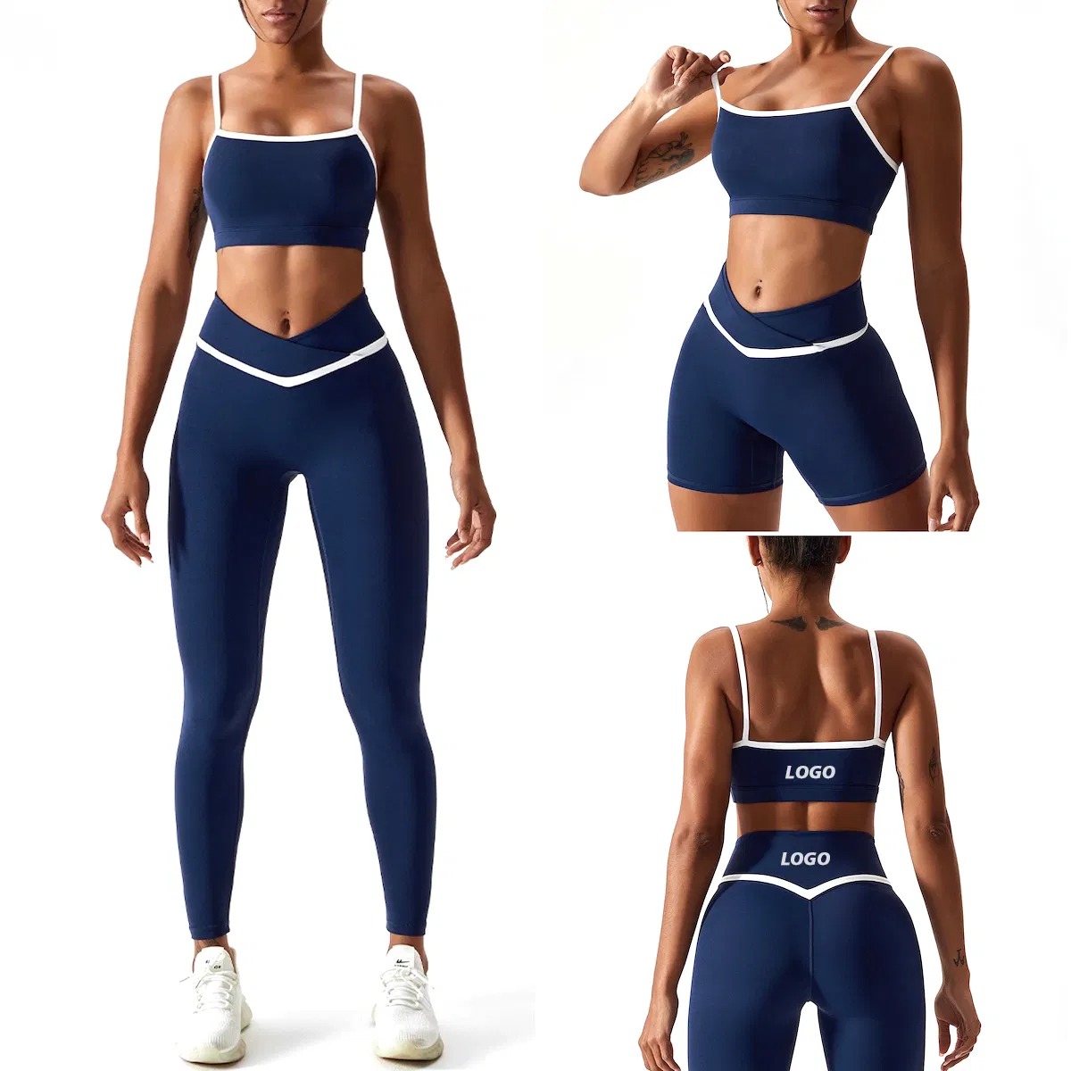 Ladies New Fancy Patchwork Style Compression Workout Gym Wear for Women, Custom Logo Splicy Ropa De Yoga Bra + Tights Shorts + Butt Lifting Leggings Workout Set