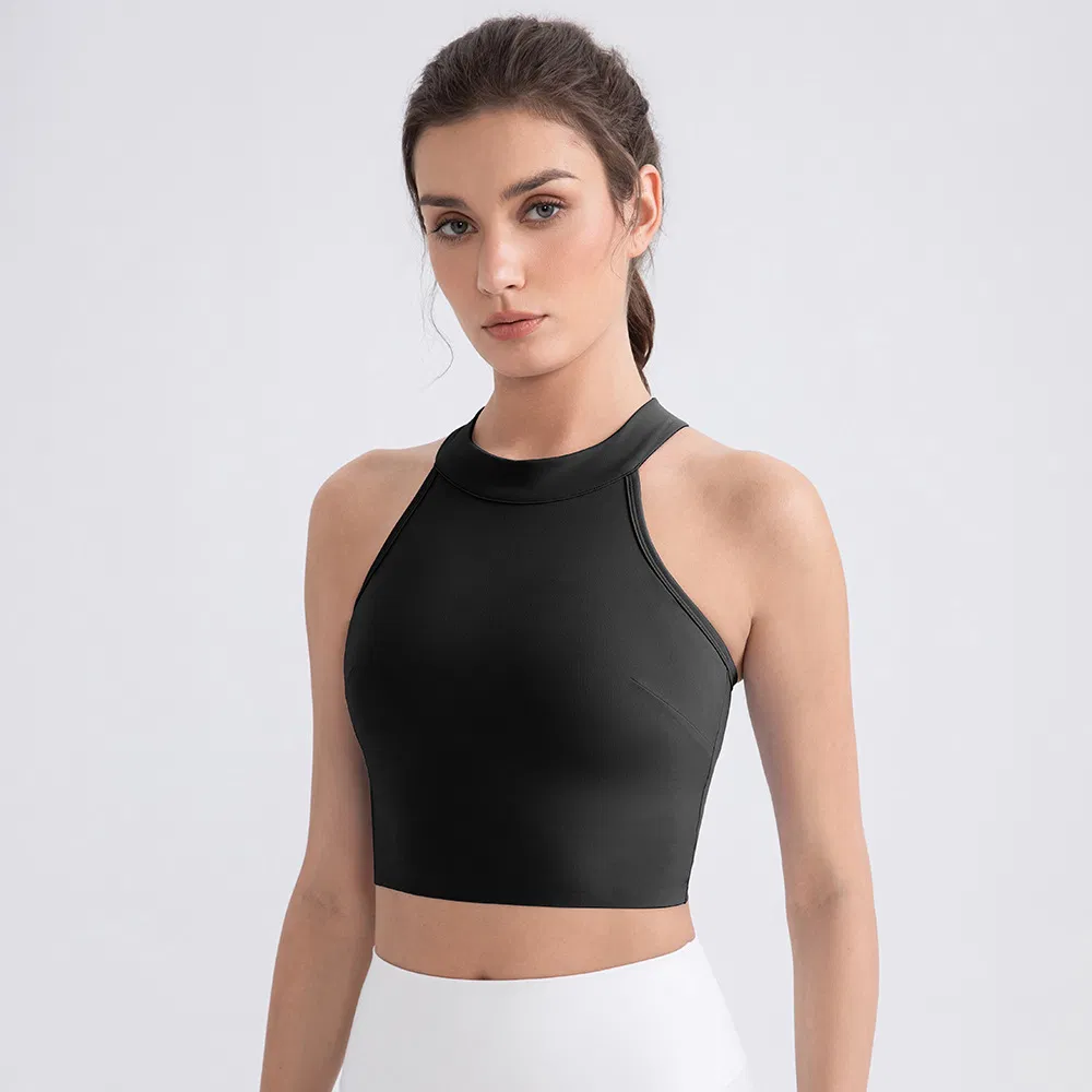 Newest Design Sexy Open Back High-End Sports Bra for Women, Modest High Crewneck Yoga Workout Crop Top with Molded Chest Cups Wirefree Padded Active Tops