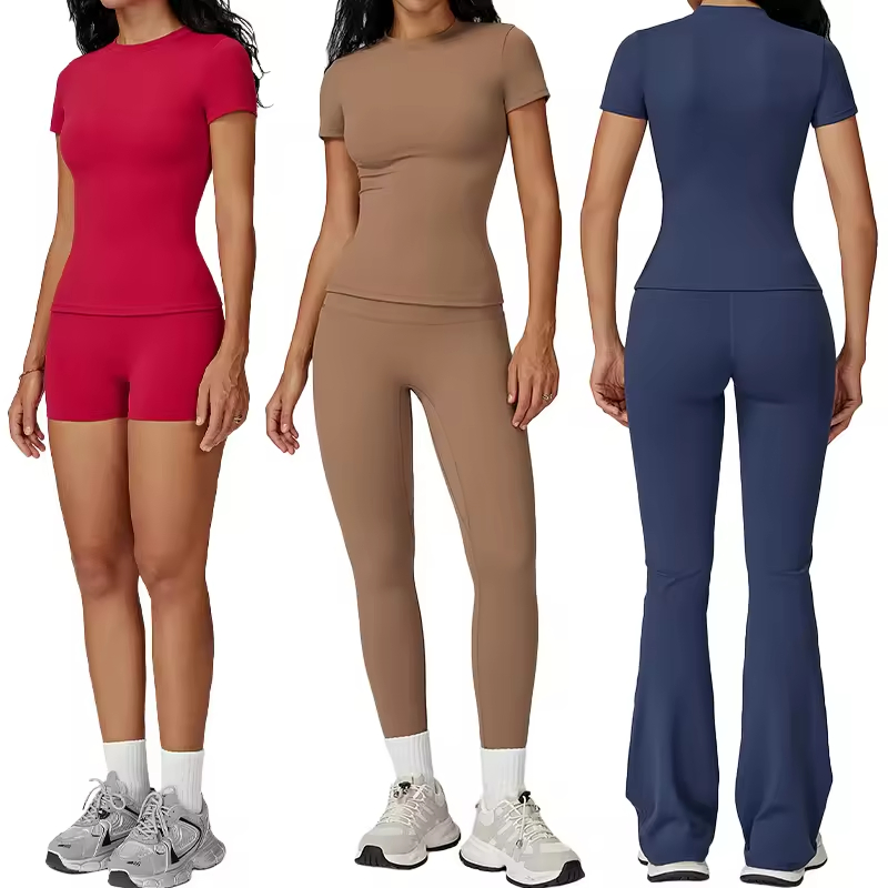 Manufacturers Custom Nylon Activewear Top Loungewear Two Piece Plus Size Shirts Yoga Women Flared Gym Legging Pants Workout Set