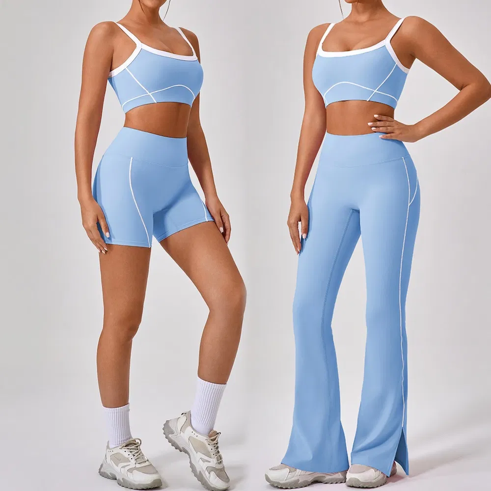 Wholesale New Cute 3PCS Patchwork Summer Workout Set Premium Activewear for Woman, Private Label Sports Bra + Gym Shorts + Flared Yoga Pants