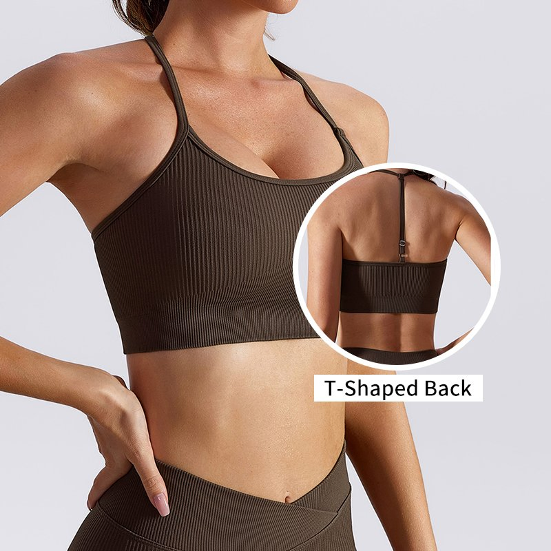 Women's Deep U Neck Longline Spaghetti Strap T Back Rib Knitted Padded Strappy Back Crop Tank Top Yoga Sports Gym Sports Bra