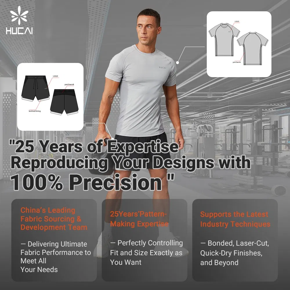 OEM Hucai Custom Nylon Soft Bonded Hem Regular Dry Fit T Shirt Training Workout Running Fitness Athletic Active Gym Wear Men