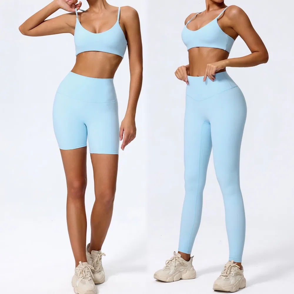 Custom Logo 3PCS Naked Soft Yoga and Pilates Fitness Wear for Women, Sexy Sports Bra + Gym Shorts + Running Tights Premium Hip Lifting Training Workout Set