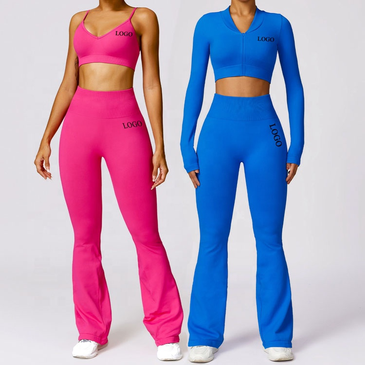 Sports Bra Crop Zipper Jacket Flare Yoga Pants High Stretch Compression Active Wear Women Seamless 3PCS Yoga Sets