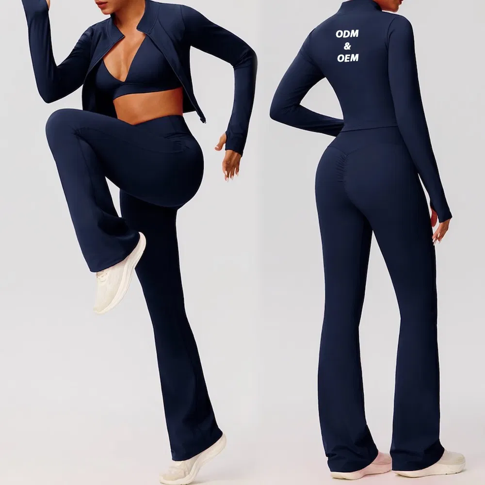 New Trendy 3 PCS Premium Tracksuit Set Athletic Wear for Women, Lounge Going out Running Jacket + V Neck Sports Bra + Flare Yoga Pants with Scrunch