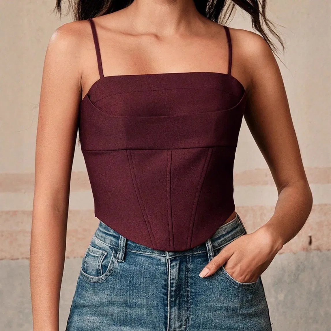 Burgundy Cowl Neck Corset Spaghetti Strap Crop Top