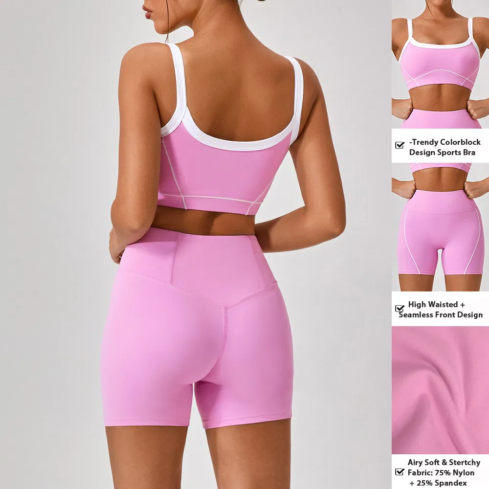 Wholesale New Cute 3PCS Patchwork Summer Workout Set Premium Activewear for Woman, Private Label Sports Bra + Gym Shorts + Flared Yoga Pants