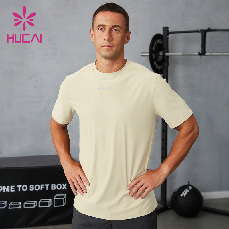 OEM Hucai Custom Nylon Soft Bonded Hem Regular Dry Fit T Shirt Training Workout Running Fitness Athletic Active Gym Wear Men