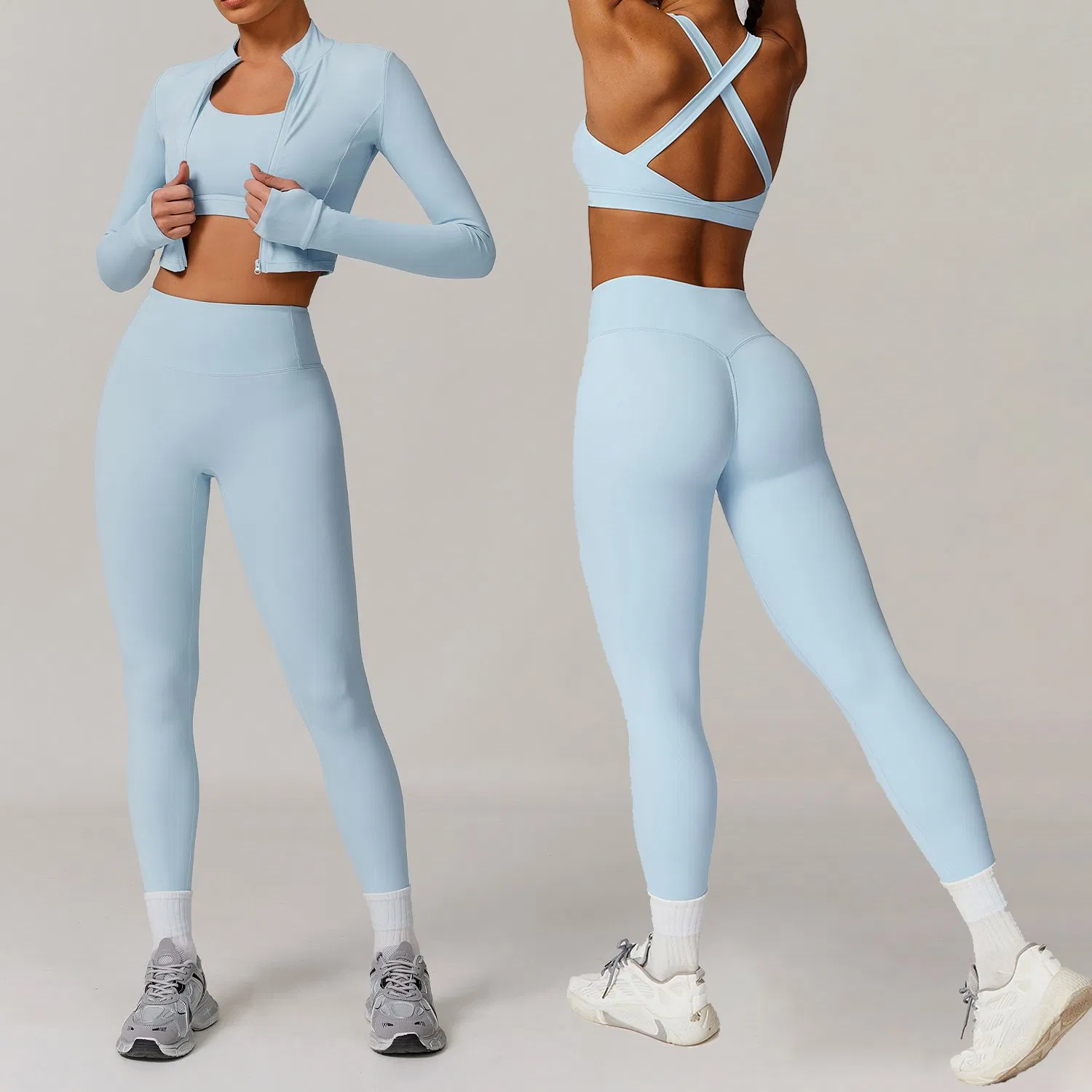 Custom Logo 4PCS Yoga Fitness Gym Wear for Woman, High Impact Running Sports Bras +Gym Workout Outfit Jacket +Shock-Proof High Waist Biker Shorts + Leggings