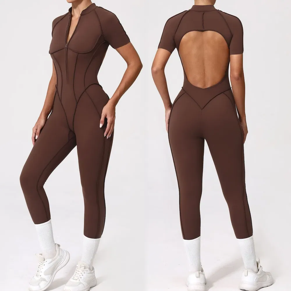 New Listing Attractive Sexy Backless Pole Dance Fitness Leotard, One Piece Zipup Front Workout Outfits Short Sleeve Athletic Bodysuit with Bra for Youth Ladies