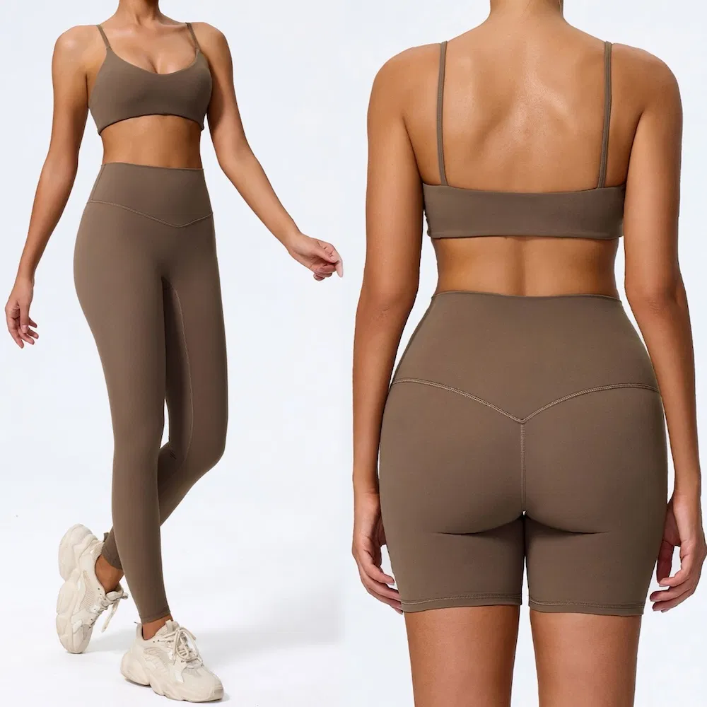 Custom Logo 3PCS Naked Soft Yoga and Pilates Fitness Wear for Women, Sexy Sports Bra + Gym Shorts + Running Tights Premium Hip Lifting Training Workout Set