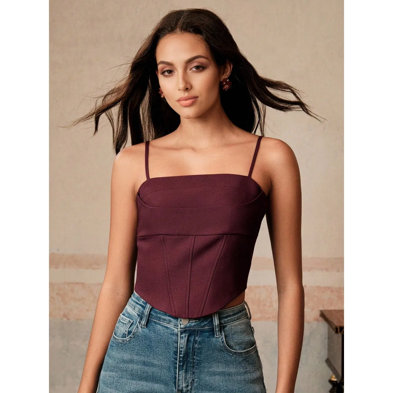 Burgundy Cowl Neck Corset Spaghetti Strap Crop Top