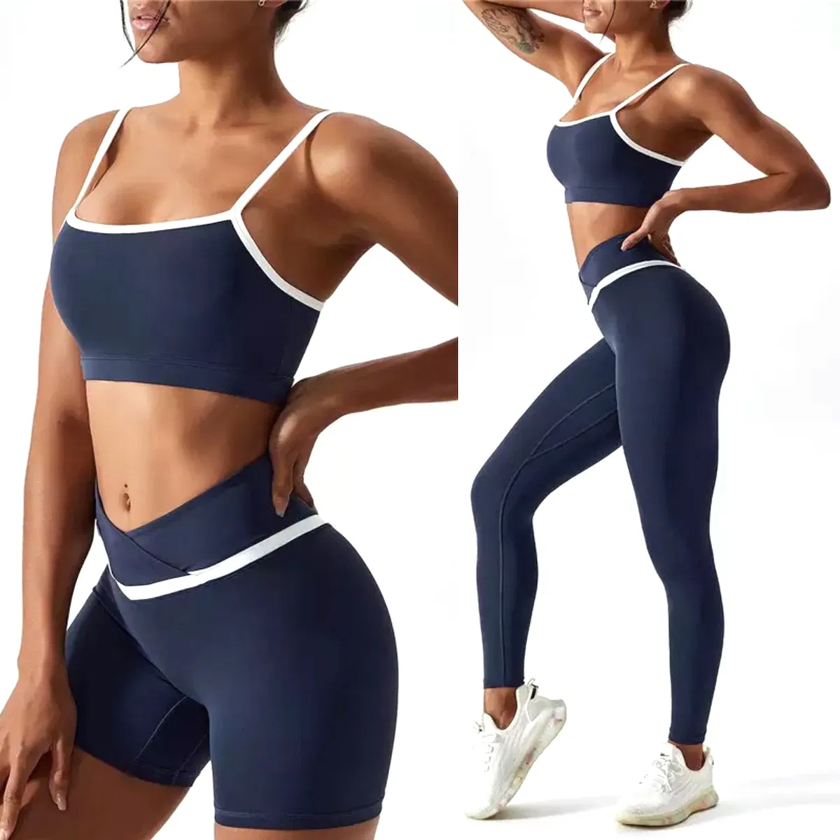 Ladies New Fancy Patchwork Style Compression Workout Gym Wear for Women, Custom Logo Splicy Ropa De Yoga Bra + Tights Shorts + Butt Lifting Leggings Workout Set