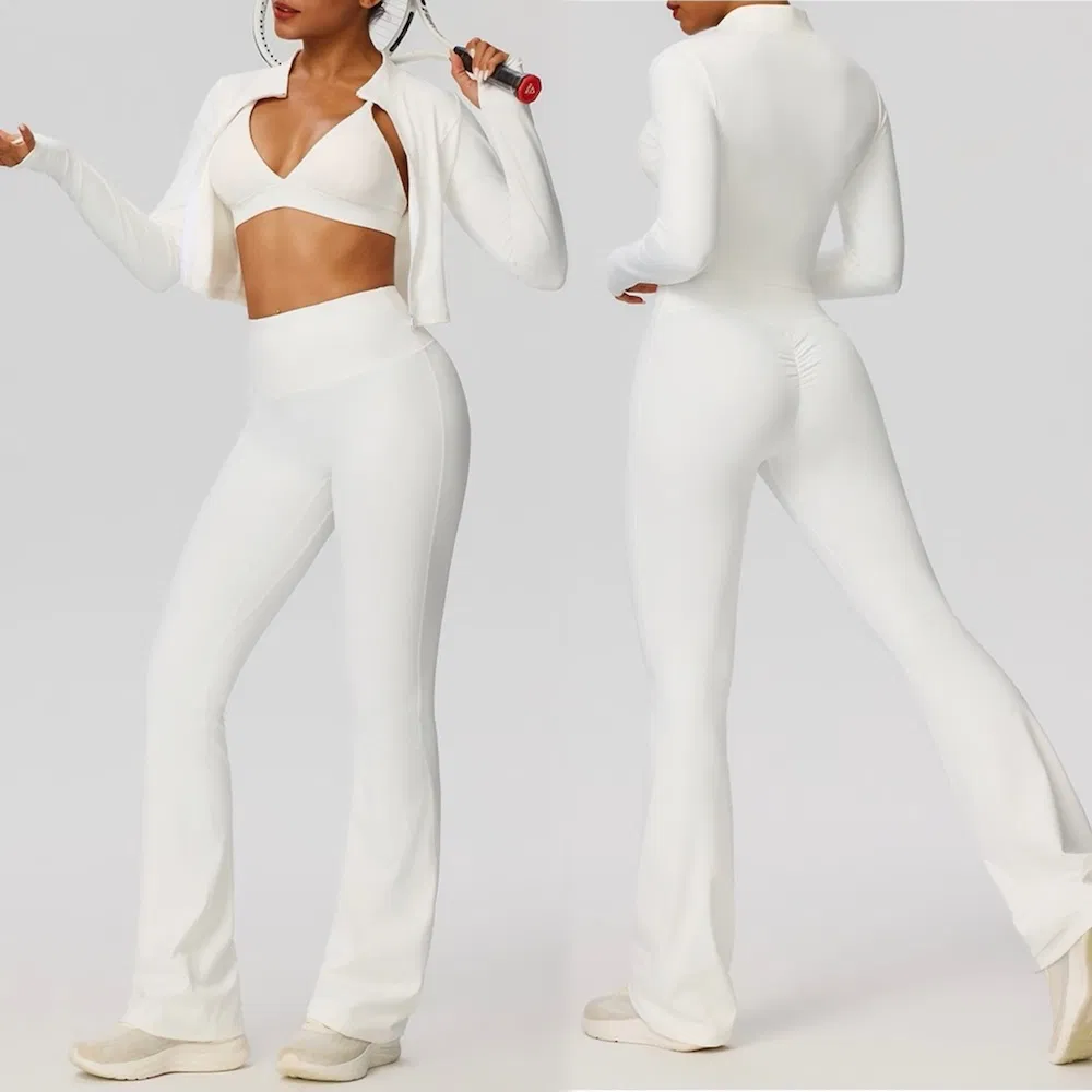 New Trendy 3 PCS Premium Tracksuit Set Athletic Wear for Women, Lounge Going out Running Jacket + V Neck Sports Bra + Flare Yoga Pants with Scrunch