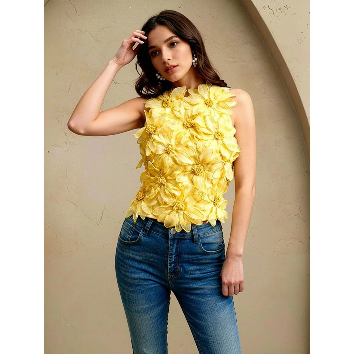 Yellow 3D Floral Applique Sleeveless Crop Top