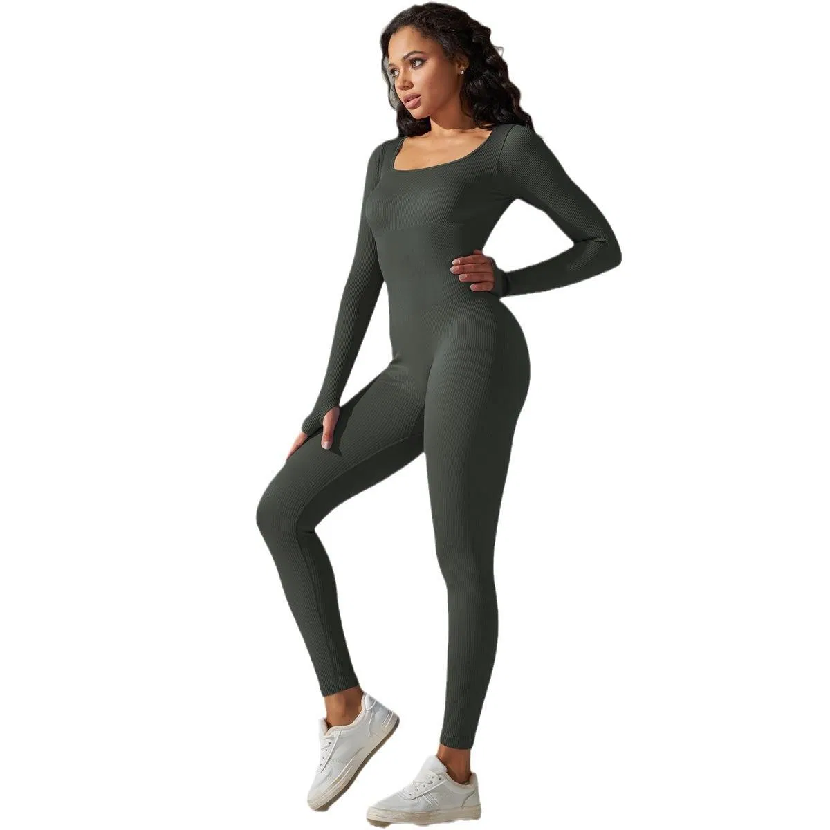 New Seamless Thread Knitted Long Sleeve Yoga Jumpsuit Breathable Quick Dry Running Fitness Suit Sports Bodysuit