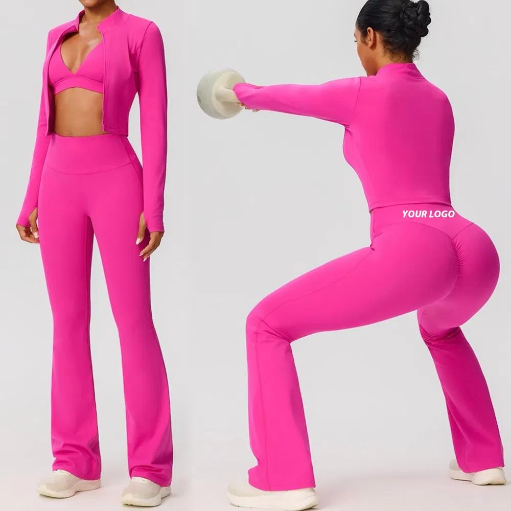 New Trendy 3 PCS Premium Tracksuit Set Athletic Wear for Women, Lounge Going out Running Jacket + V Neck Sports Bra + Flare Yoga Pants with Scrunch