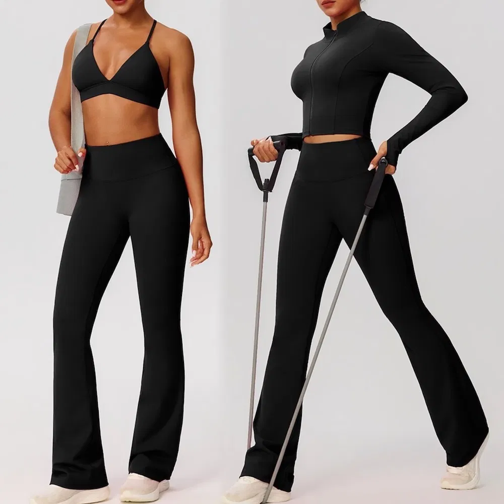 New Trendy 3 PCS Premium Tracksuit Set Athletic Wear for Women, Lounge Going out Running Jacket + V Neck Sports Bra + Flare Yoga Pants with Scrunch