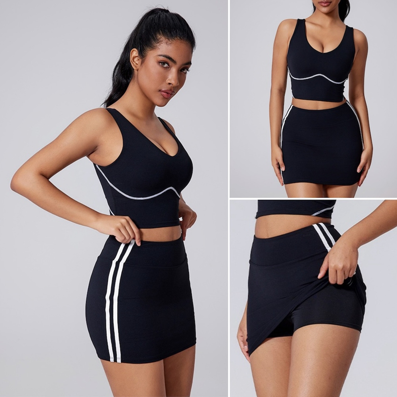 Custom High-Quality Tight Tennis Skort Clothes Suit V-Neck Padded Fitness Tank Top + 2 in 1 Athletic Skirt with Liner Shorts 2PCS Padel Activewear Set