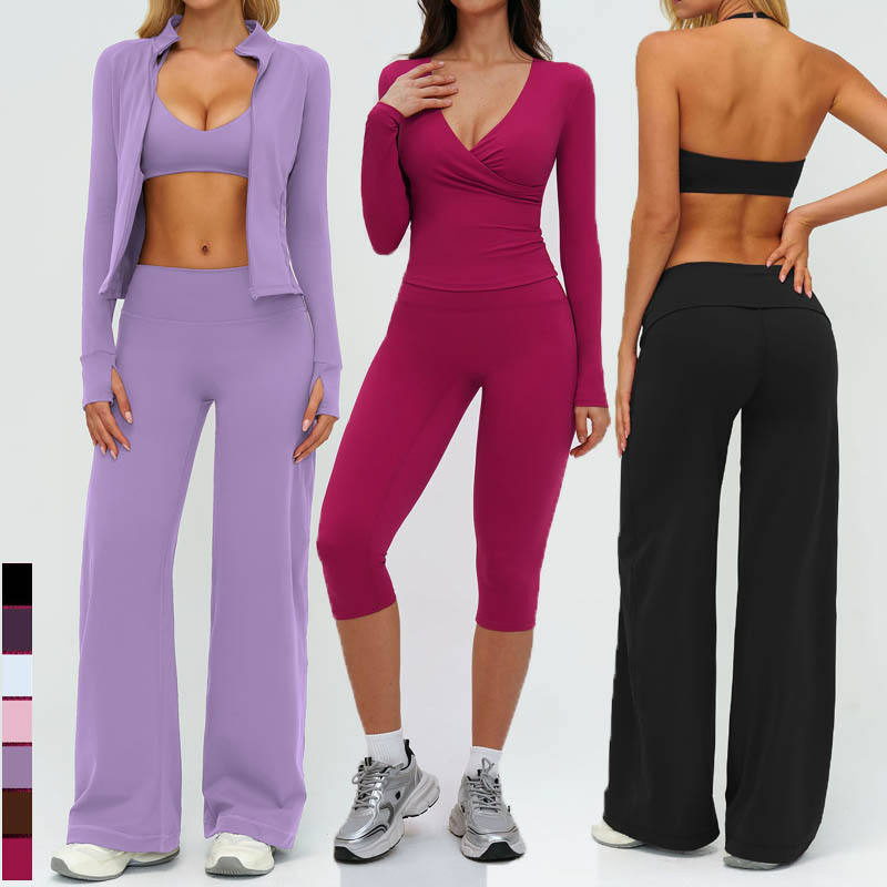 Women's Brushed Soft 4-Piece Yoga Set Slim Fit Long Sleeve High Waist Leggings Tank Crapis Workout Outfit for Outdoor &amp; Lounge Athleisure Tracksuit