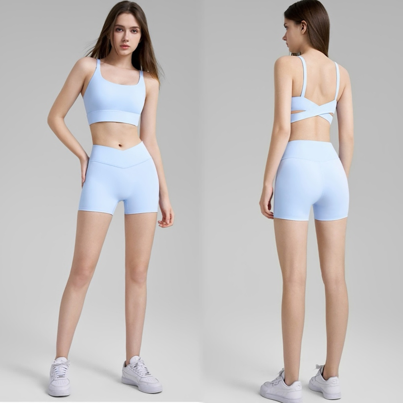 Tianchen Factory Price Wholesale 2 PCS Fitness Activewear for Ladies, Cross Back Sports Bra with Molded Cups + Cross Waisted Gym Shorts Yoga Clothing Set