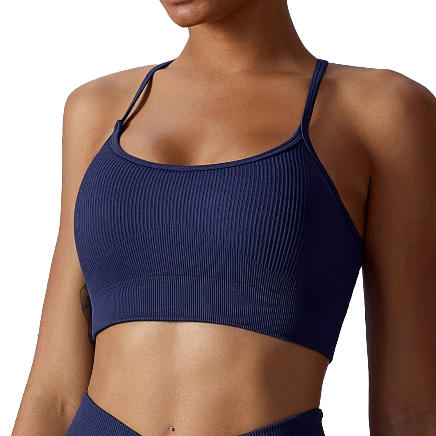 Women's Deep U Neck Longline Spaghetti Strap T Back Rib Knitted Padded Strappy Back Crop Tank Top Yoga Sports Gym Sports Bra