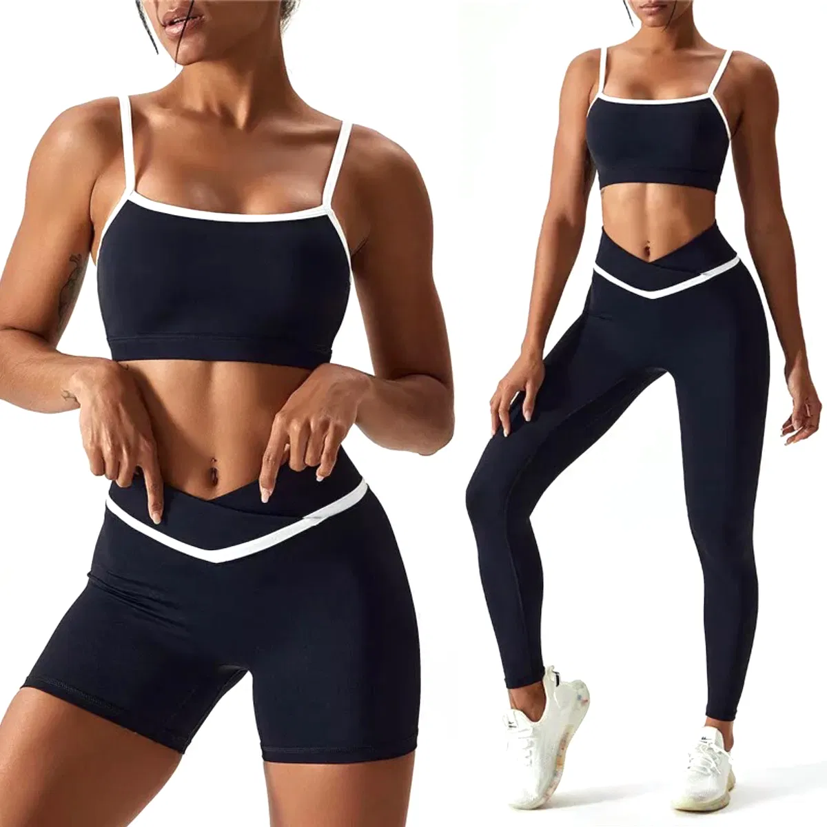 Ladies New Fancy Patchwork Style Compression Workout Gym Wear for Women, Custom Logo Splicy Ropa De Yoga Bra + Tights Shorts + Butt Lifting Leggings Workout Set