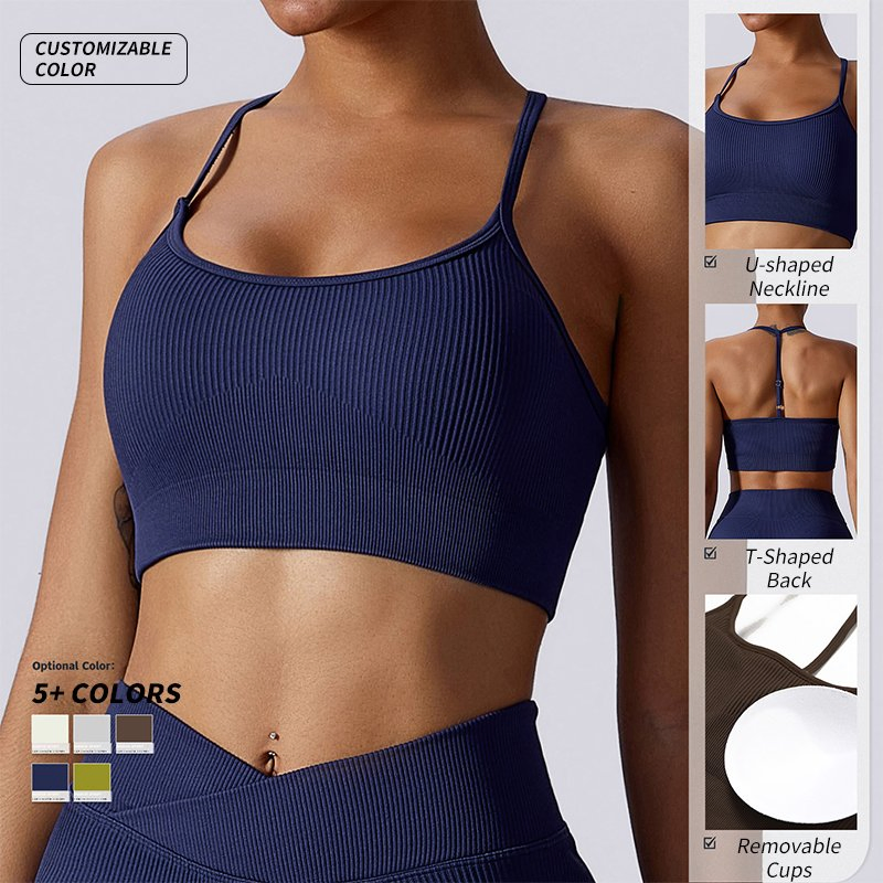 Women's Deep U Neck Longline Spaghetti Strap T Back Rib Knitted Padded Strappy Back Crop Tank Top Yoga Sports Gym Sports Bra