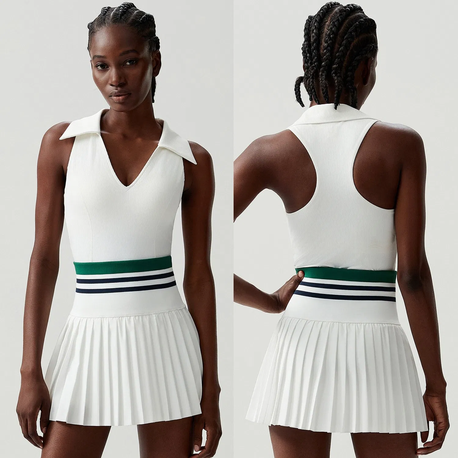 Low MOQ Tennis Skirt V-Neck Soprts Bra with Removable Pad 2PCS Yoga Set for Women Running Active Sports Fitness Clothes Wear