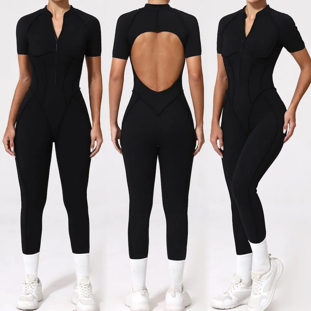 New Listing Attractive Sexy Backless Pole Dance Fitness Leotard, One Piece Zipup Front Workout Outfits Short Sleeve Athletic Bodysuit with Bra for Youth Ladies