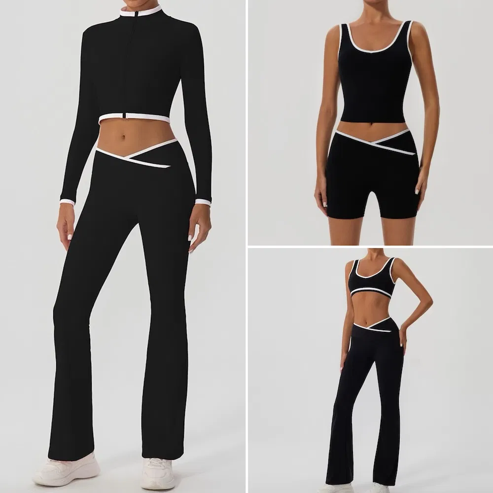 5 PCS Latest Color-Blocked Workout Clothes for Women, Matching Yoga Pilates Tops + Running Shorts and Flare Pants with Cropped Exercise Jacket Activewear Set