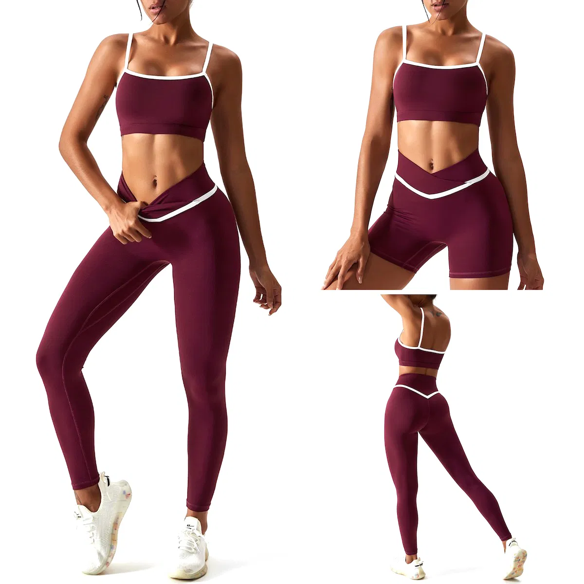 Ladies New Fancy Patchwork Style Compression Workout Gym Wear for Women, Custom Logo Splicy Ropa De Yoga Bra + Tights Shorts + Butt Lifting Leggings Workout Set