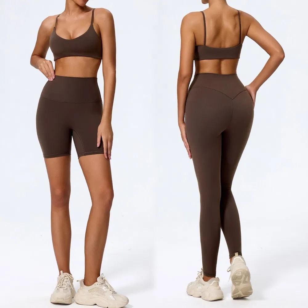 Custom Logo 3PCS Naked Soft Yoga and Pilates Fitness Wear for Women, Sexy Sports Bra + Gym Shorts + Running Tights Premium Hip Lifting Training Workout Set