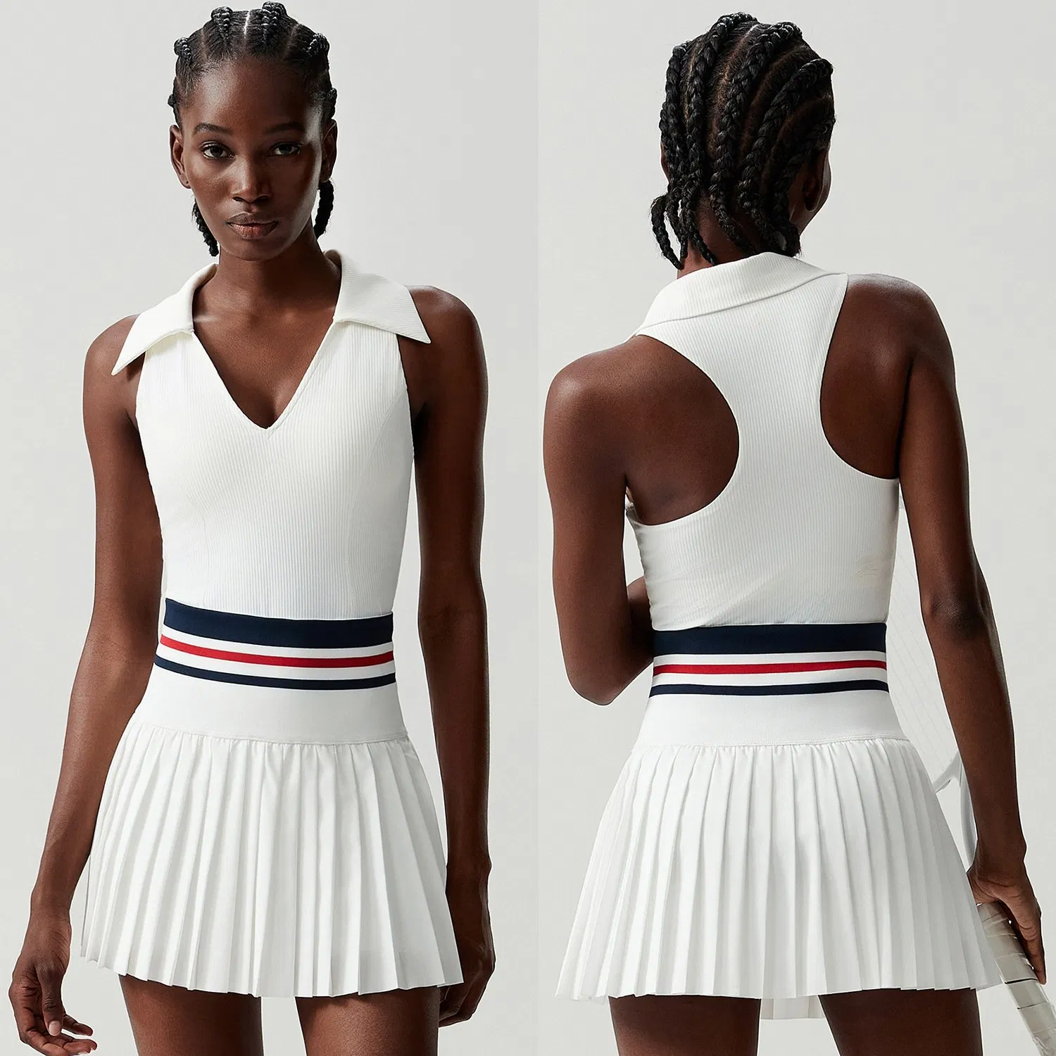 Low MOQ Tennis Skirt V-Neck Soprts Bra with Removable Pad 2PCS Yoga Set for Women Running Active Sports Fitness Clothes Wear