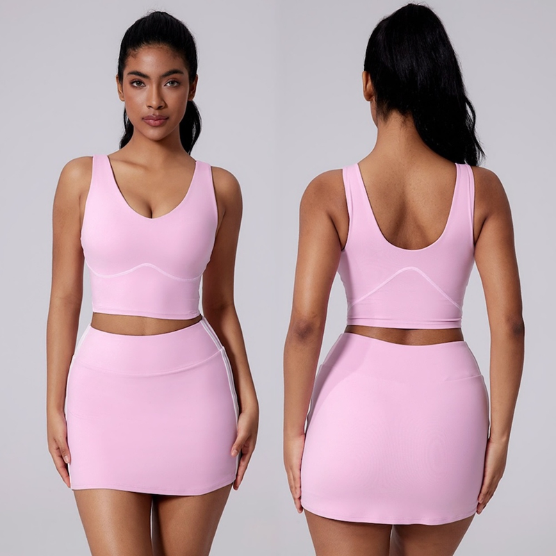 Custom High-Quality Tight Tennis Skort Clothes Suit V-Neck Padded Fitness Tank Top + 2 in 1 Athletic Skirt with Liner Shorts 2PCS Padel Activewear Set